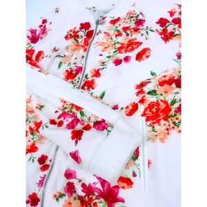 Haute Monde Floral Bomber Jacket Womens Large White Red Pink Textured Zip Up